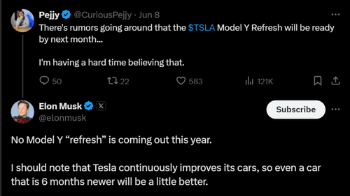 Elon Musk Confirmed Tesla Model Y Facelift Not Coming in 2024